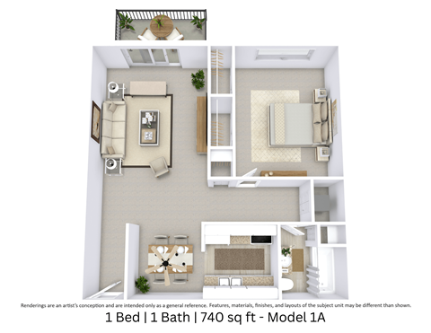 Floor plan for 1 bed, 1 bath, 740 sqft